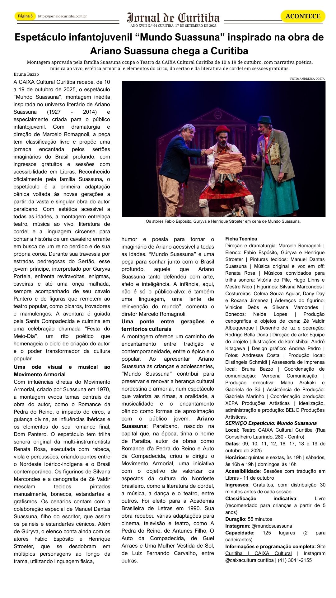 Espetáculo infantojuvenil “Mundo Suassuna” inspirado na obra de Ariano Suassuna chega a Curitiba