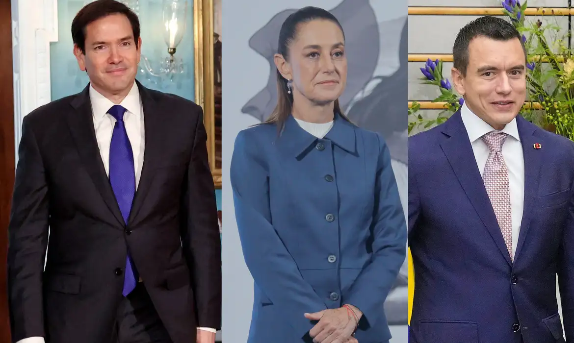 O chefe da diplomacia dos Estados Unidos (EUA), o secretário de Estado Marco Rubio (à esquerda na foto), viajou ao México nesta terça-feira (2) e, em seguida, vai ao Equador para discutir medidas de combate às drogas em meio às ameaças de invasão militar dos EUA contra a Venezuela.