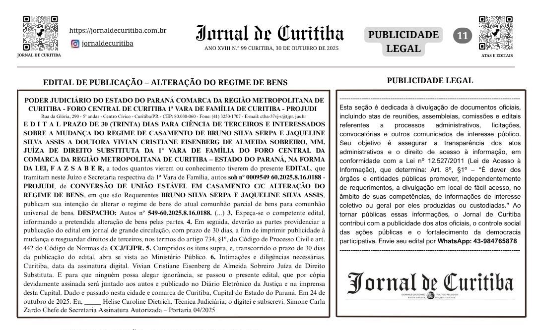 EDITAL DE PUBLICAÇÃO – ALTERAÇÃO DO REGIME DE BENS