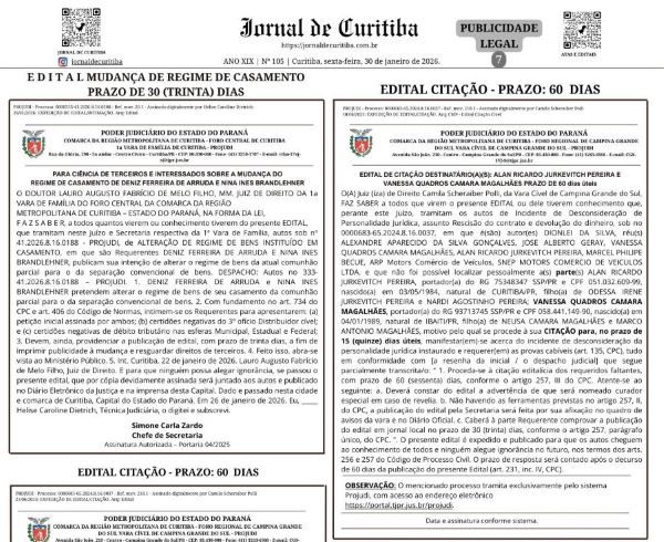 EDITAL DE CITAÇÃO DESTINATÁRIO(A)(S): ALAN RICARDO JURKEVITCH PEREIRA E VANESSA QUADROS CAMARA MAGALHÃES PRAZO DE 60 dias úteis