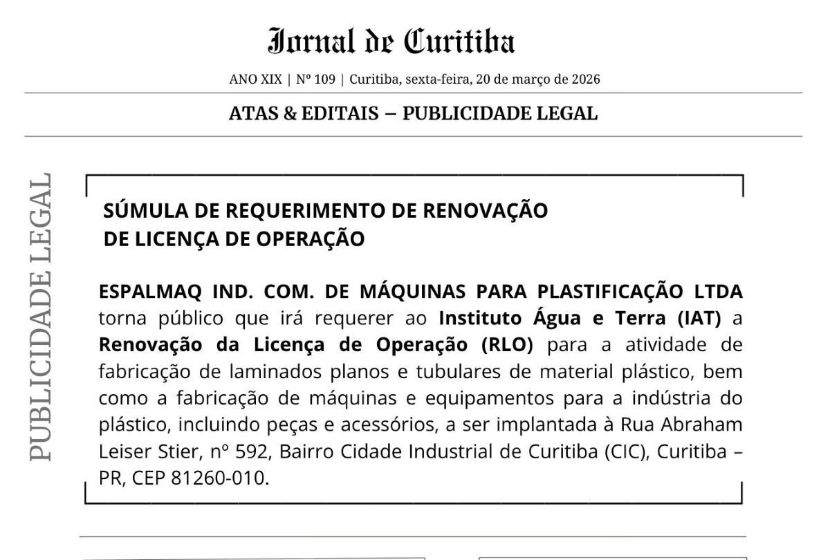 SÚMULA DE REQUERIMENTO DE RENOVAÇÃO DE LICENÇA DE OPERAÇÃO ESPALMAQ IND. COM. DE MÁQUINAS PARA PLASTIFICAÇÃO LTDA