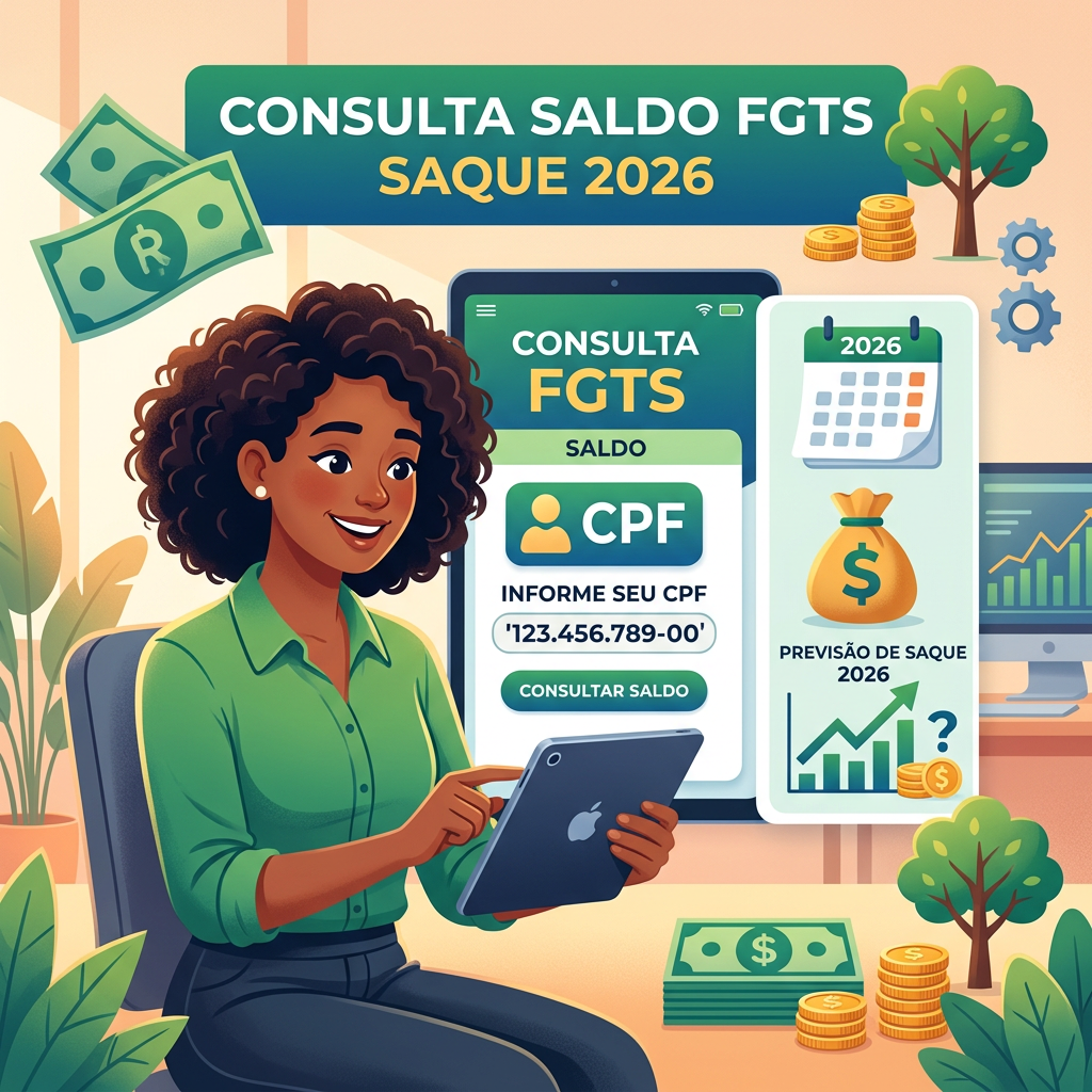 Woman checking FGTS balance on tablet with 2026 withdrawal forecast