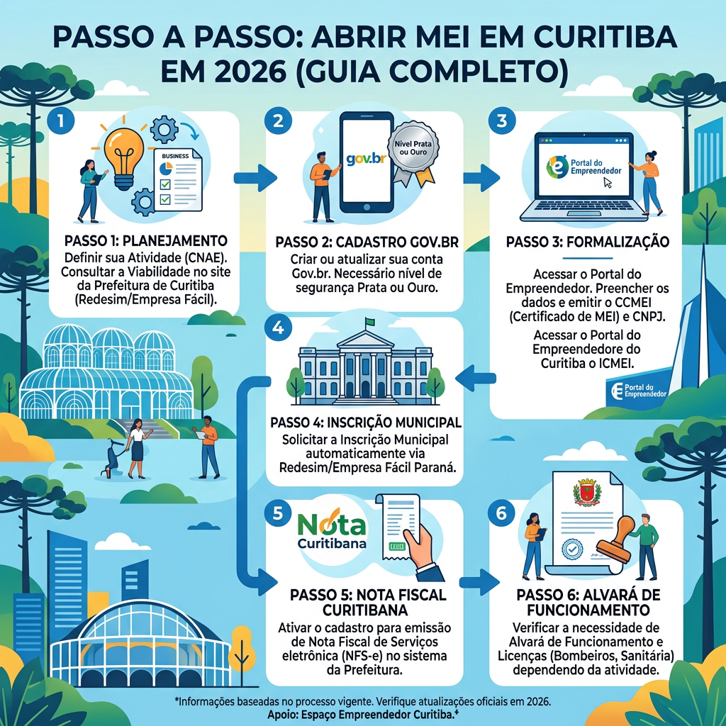 Step-by-step infographic for opening MEI in Curitiba showing six main steps from planning to operating license