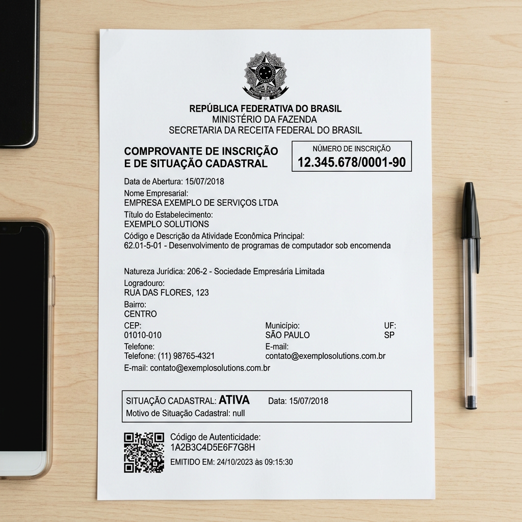 Novo CNPJ com letras começa a ser emitido em 31 de julho; empresas atuais não serão afetadas 1 Brazilian business registration certificate with company details and registration number